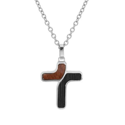 Collier en acier chaîne avec pendentif croix aspect bois marron et noir 50+5cm