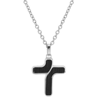 Collier en acier chaîne avec pendentif croix aspect bois noir 50+5cm