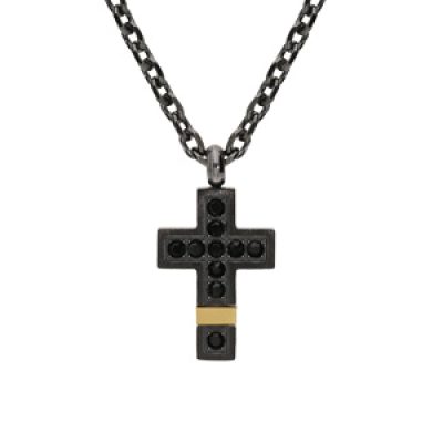 Collier en acier et PVD noir et jaune chaîne avec pendentif petite croix et oxydes noirs 50+5cm