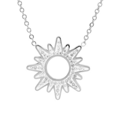 Collier en acier chaîne avec pendentif soleil blanc et strass 40+5cm