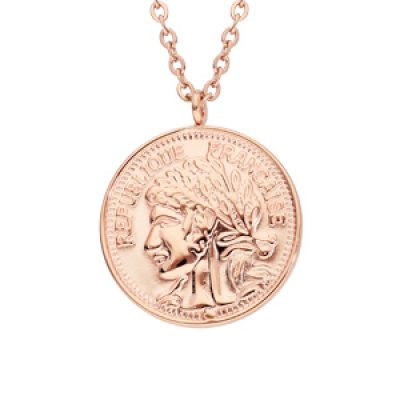 Collier en acier et PVD rose chaîne avec pendentif fausse pièce de monnaie 40+5cm