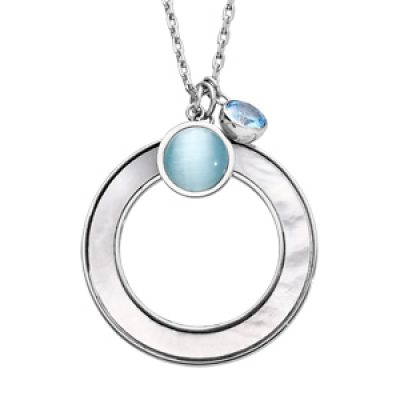 Collier en acier chaîne avec pendentif cercle effet nacre blanche imitation et pierres bleues 42+3cm