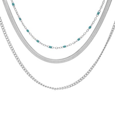 Collier en acier 3 rangs avec perles couleur turquoise de synthèse 42+4cm