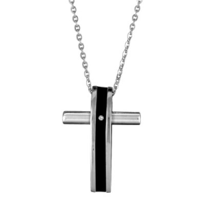 Collier en acier chaîne avec pendentif croix chrétienne avec bande en résine noire et oxyde blanc au milieu - longueur 50cm + 5cm