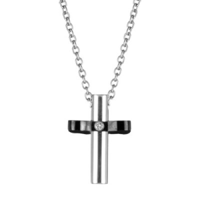 Collier en acier chaîne avec pendentif croix chrétienne grise et noire ornée d'1oxyde blance au milieu - longueur 50cm
