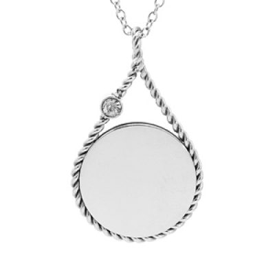 Collier en acier chaîne avec pendentif rond à graver dans goutte contour perlé 38+7cm