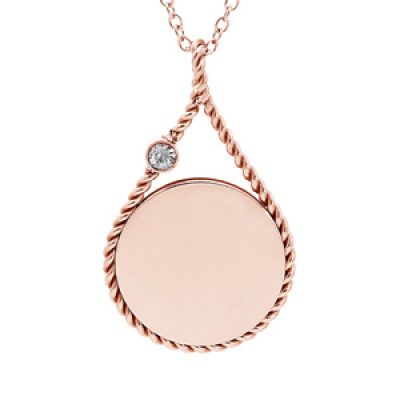 Collier en acier et PVD rose chaîne avec pendentif rond à graver dans une goutte contour perlé 38+7cm
