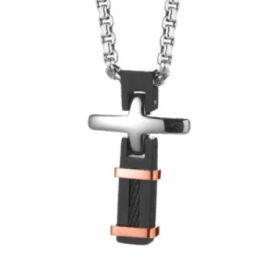 Collier en acier chaîne avec pendentif croix en PVD noir et rose et câble longueur 55cm