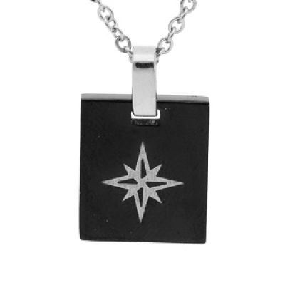 Collier junior en acier chaîne avec pendentif rectangle PVD noir motif étoile 47+3cm