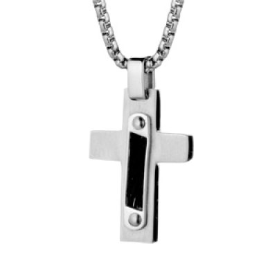 Collier en acier chaîne avec pendentif croix câbles noirs longueur 54cm