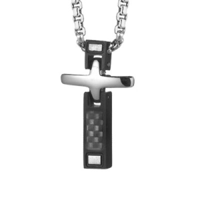 Collier en acier chaîne avec pendentif croix en carbone et PVD noir longueur 54cm