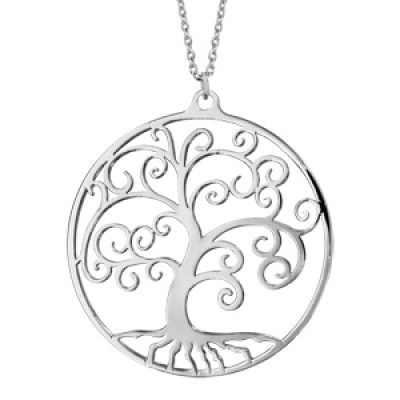 Collier en acier chaîne avec pendentif cercle avec arbre de vie découpé - longueur 46cm + 7cm de rallonge