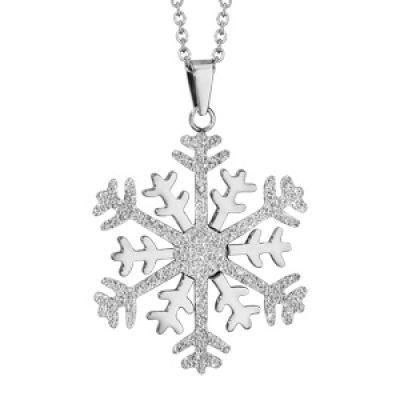 Collier en acier chaîne avec pendentif flocon de neige granité et brillant - longueur 42cm + 4cm de rallonge