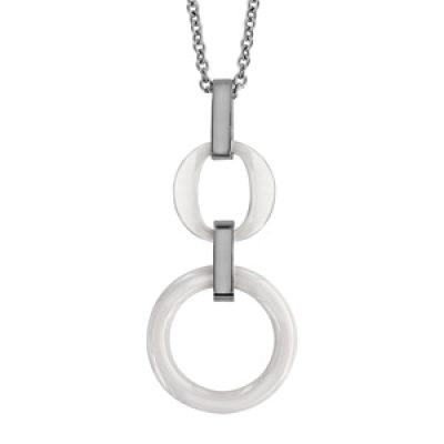 Collier en acier chaîne avec pendentif 2 anneaux en céramique blanche suspendus - longueur 42cm + 3cm de rallonge