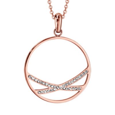 Collier en acier et PVD rose chaîne avec pendentif anneau avec à l'intérieur 2 branches en résine et strass blancs - longueur 40cm + 5cm de rallonge