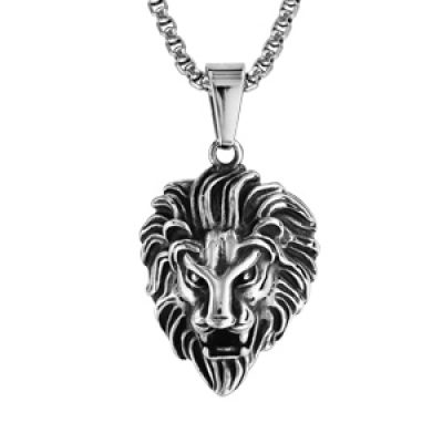 Collier en acier pendentif tête de lion patinée 55cm