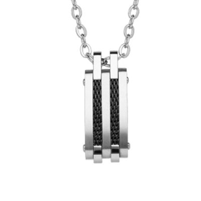 Collier en acier avec chaîne et pendentif rectangulaire et câble PVD noir 50+5cm