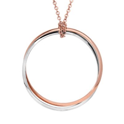 Collier en acier et PVD rose avec pendentif double cercle 65cm