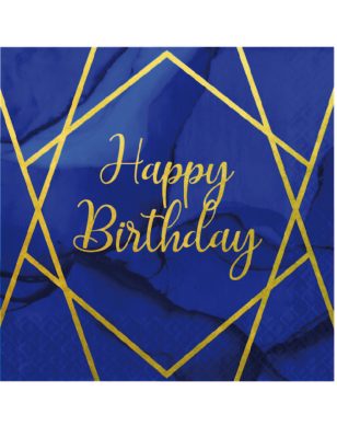 16 Serviettes en papier happy birthday marbre bleues et dorées 33 x 33 cm