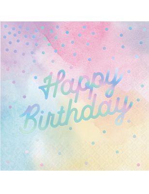 16 Serviettes en papier Happy Birthday multicolores iridescentes 33 x 33 cm