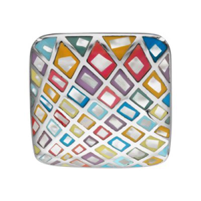 Bague Stella Mia en acier et nacre blanche véritable plateau carré motifs géométriques et couleurs pastel