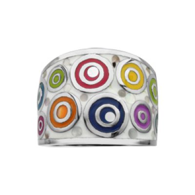 Bague Stella Mia en acier et nacre blanche véritable motifs spirales et multicolore