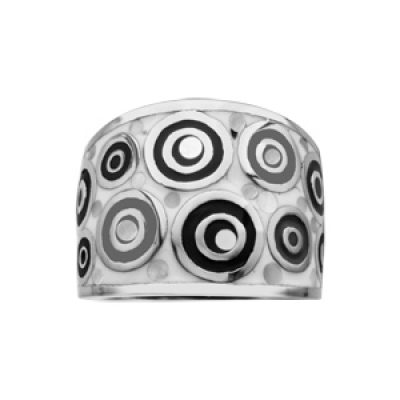 Bague Stella Mia en acier et nacre blanche véritable motifs spirales et noir et blanc