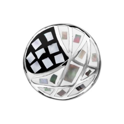 Bague Stella Mia en acier et nacre blanche véritable plateau rond avec motifs géométriques et noir et blanc