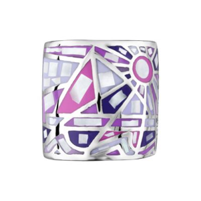 Bague Stella Mia en acier et nacre blanche véritable plateau rectangulaire bombé avec motifs géométriques et dégradé de rose et violet