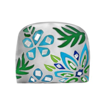 Bague Stella Mia en acier et nacre forme ovale avec motifs plantes bleu vert