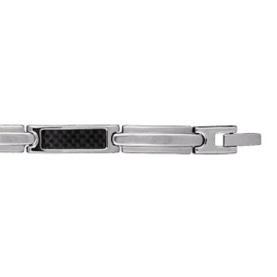 Bracelet en acier alternance de maillons lisses avec bande au milieu et maillons avec carbone motif quadrillé - longueur 21cm réglable