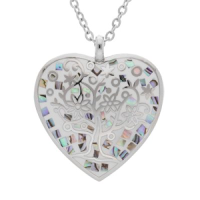 Collier Stella Mia en acier  chaîne avec pendentif coeur motif arbre de vie couleur avec nacre
