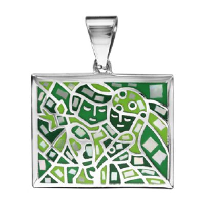 Pendentif Stella Mia en acier et nacre carré avec motifs et visages verts