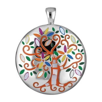 Pendentif Stella Mia en acier et nacre rond avec arbre de vie orange et multi couleur