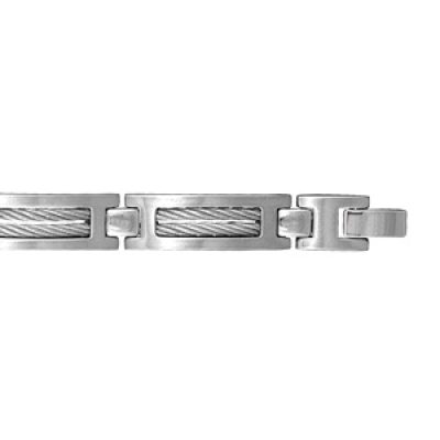 Bracelet en acier maillons ornés de 2 câbles gris - longueur 21cm ajustable