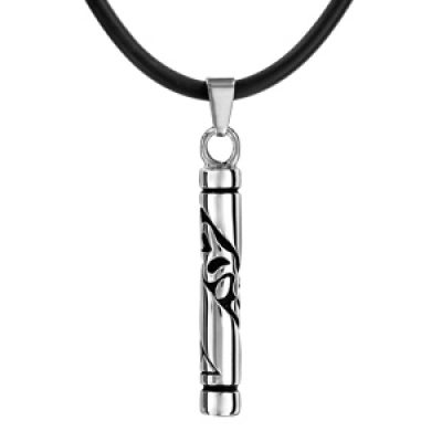 Collier cordon en caoutchouc noir avec pendentif en acier cylindre avec motif tribal noir