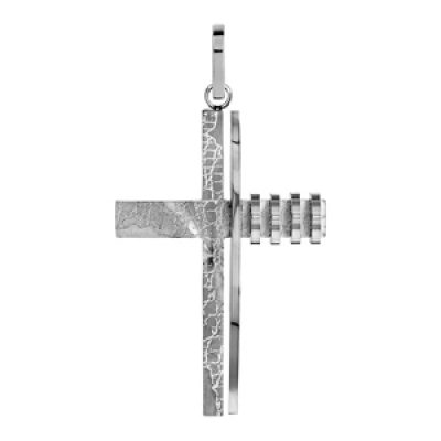 Pendentif en acier croix stylisée craquelée sur 1 côté et striures de l'autre
