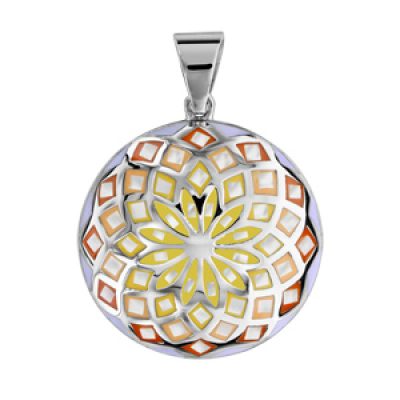 Pendentif Stella Mia en acier et nacre blanche véritable rond motif fleur et dégradé de jaune et orange