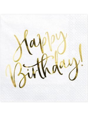 20 Serviettes en papier happy birthday blanches et dorées 33 x 33 cm