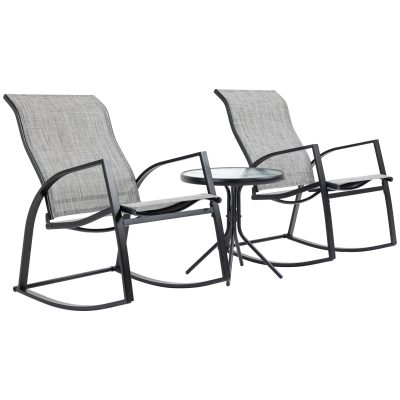 Outsunny Ensemble de jardin 3 pièces style cosy 2 fauteuils à bascule + table basse verre trempé asssie dossier tissu textilène châssis acier gris
