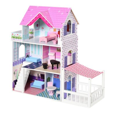 HOMCOM Maison de poupée en bois  jeu d'imitation grand réalisme  3 étages avec escalier et cour  meubles et accessoires inclus  86 x 30 x 87 cm rose