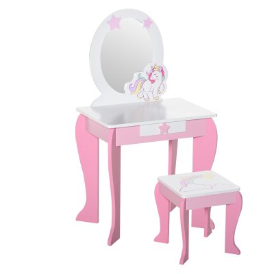 HOMCOM Coiffeuse enfant table de maquillage meuble jeu enfant fille tabouret inclus miroir avec motif de licorne tiroir MDF rose