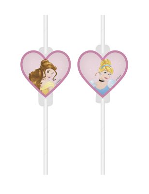4 Pailles médaillon en carton Princesses Disney cœurs