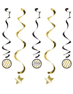 5 Suspensions en spirales anniversaire noires et dorées 80 cm
