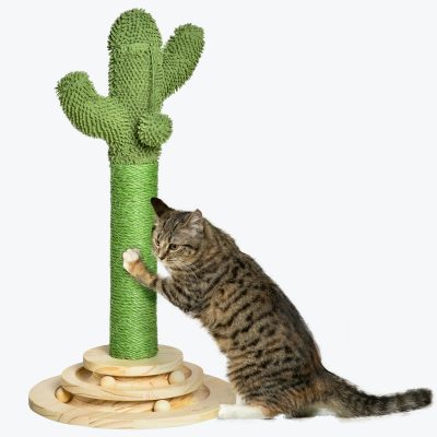 PawHut Arbre à chat griffoir forme de cactus en sisal naturel pompon suspendu et plateforme de jeu boules Ø 32 x 60 cm vert