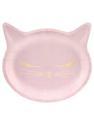 6 Assiettes en carton tête de chaton roses 22 x 20 cm