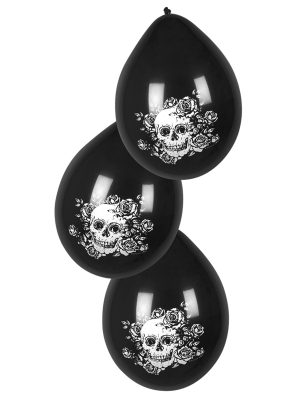 6 Ballons en latex squelette fleuri noir 25 cm
