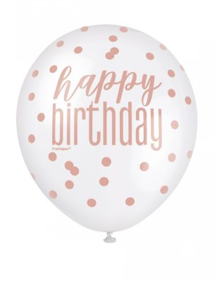 6 Ballons en latex happy birthday à pois blancs et roses 30 cm