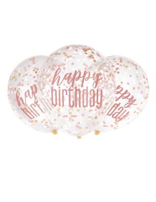 6 Ballons en latex transparents happy birthday à confettis roses 30 cm