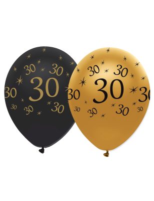 6 Ballons en latex 30 ans noirs et dorés 30 cm